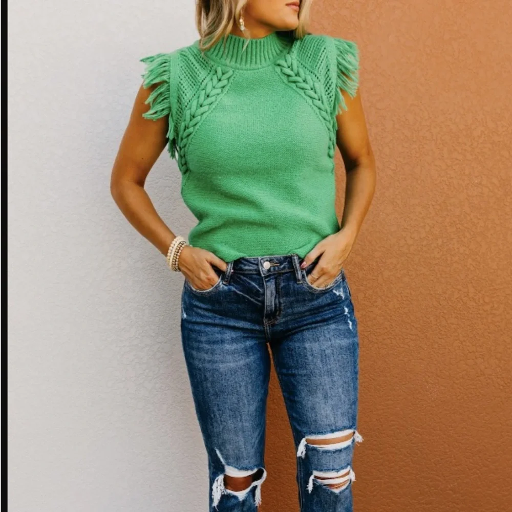 Green cable knit fringe short sleeve sweater - Picture 7 of 8